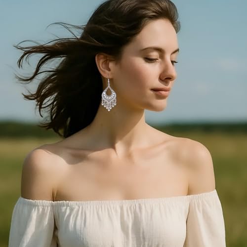 Silver Boho Chandelier Earrings – Intricate Silver Bohemian Earrings with Filigree and Tassel Earrings for Women Trendy2