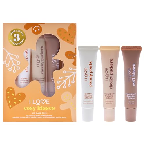 Cosy Kisses Lip Care Trio by I Love Cosmetics for Women – 3 Pc Lip Scrub, Lip Butter & Lip Plumper Set (0.5 oz Each, Coconut Cream, Fudge Brownie, Soft Mint)