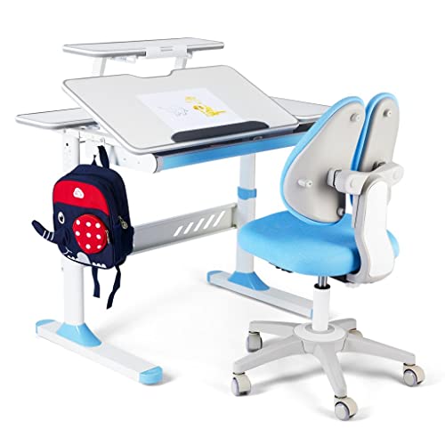 COSVALVE Premium Kids Study Desk and Chair Set,Adjustable Boys School Writing Study Table,Ergonomic Desk Chair with Large Writing Board Pull Out Drawer Bookstand Blue