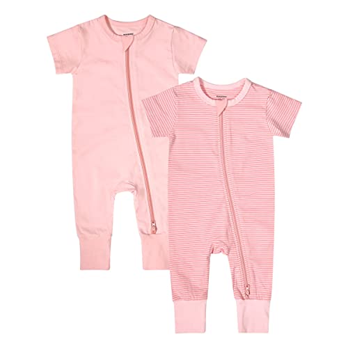 Teach Leanbh Baby Boys Girls 2-Pack Romper Jumpsuits Cotton 2 Way Zipper Short Sleeve Footless Sleep and Play 3-24 Months (Pink, 12-18 Months)