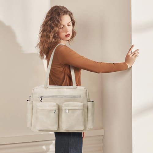 Image of KALIDI Tote Bag Vegan Leather Women Pocket Utility Bag Faux Leather Shoulder Travel Purse Vintage Handbag for Work