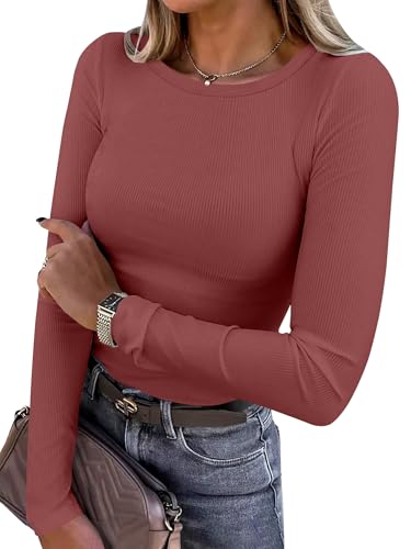 Image of ANRABESS Women Long Sleeve Shirts Rib Knit Slim Fit Tops Basic Tee Spring Outfits Casual T-Shirt Underscrubs Layer Clothes