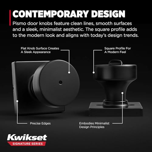 Image of Kwikset Pismo Interior Square Privacy Door Knob with Lock, Door Handle for Bathroom and Bedroom, Matte Black Keyless Push Button Lock Doorknob