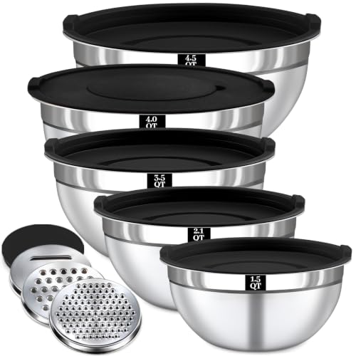 Boskermeal 8PCS Mixing Bowls with Lids Set - 5 Nesting Mixing Bowls 3 Grater Attachments Lids Stainless Steel Mixing Bowls for Mixing & Serving Size 1.5/2.1/3.5/4/4.5 QT Black