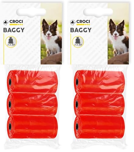 Croci - Sacchetti per Bisogni dei Cani, 3 Rotoli x 20 Pezzi, Totale 60 Igienici per Escrementi, Resistenti Anti Rottura, Strappo Facile, Colore Rosso (Confezione da 2)