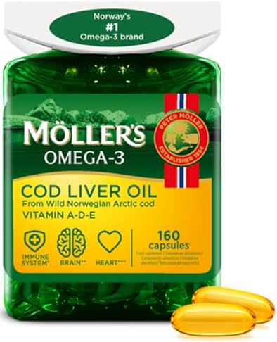 Moller’s ® | Lebertran Kapseln | Omega-3-Fettsäuren DHA & EPA, Enthält Vitamin A, D & E, Unterstützt Immunsystem, Herzfunktion, Gehirnfunktion & Sehkraft | 160 Stück