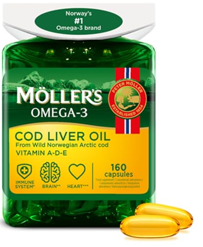 Moller’s ® | Lebertran Kapseln | Omega-3-Fettsäuren DHA & EPA, Enthält Vitamin A, D & E, Unterstützt Immunsystem, Herzfunktion, Gehirnfunktion & Sehkraft | 160 Stück Moller’s ® | Lebertran Kapseln | Omega-3-Fettsäuren DHA & EPA, Enthält Vitamin A, D & E, Unterstützt Immunsystem, Herzfunktion, Gehirnfunktion & Sehkraft | 160 Stück