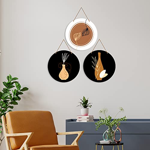 Image of Artvibes Contemporary Abstract Line Art Round Wooden Wall Hanger for Home Decor | Modern Wall Art Paintings | Wall Poster | Handcrafted Art | Artworks Hangings | Ideal Gifts (WH 4208N), Set of 3