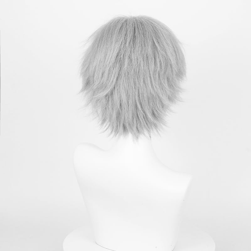 Image of LABEAUTE Short Grey Wig Male Men, Anime Fluffy Golden Cosplay Wigs With Bangs Unisex Heat Resistant Hair for Party Halloween + Free Cap
