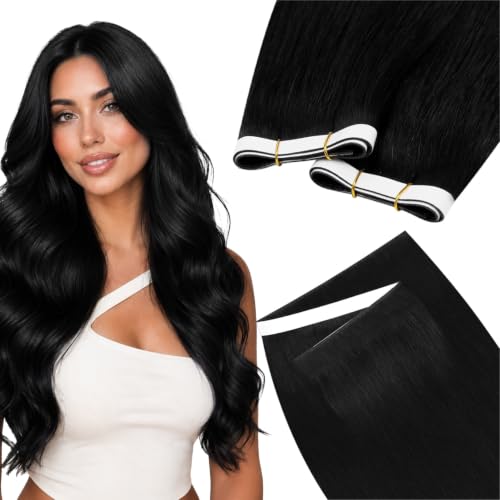 Image of LaaVoo Tape in Weft Hair Extensions Human Hair 18 inch Weft Tape Extensions Jet Black Invisible Tape ins Hair Extensions Human Hair Remy 50G