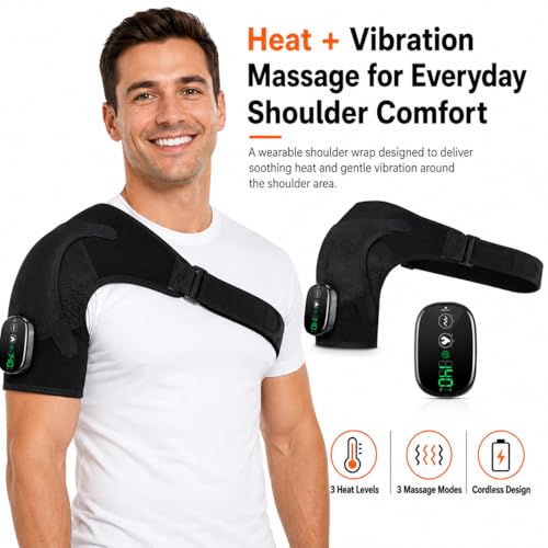 Image of Cordless Shoulder Heating Pad with Massage, Rechargeable Shoulder Massager with Heat, Heated Shoulder Wrap, 3 Heat Levels & 3 Vibration Modes, 5000mAh Battery, Left or Right Shoulder, Black