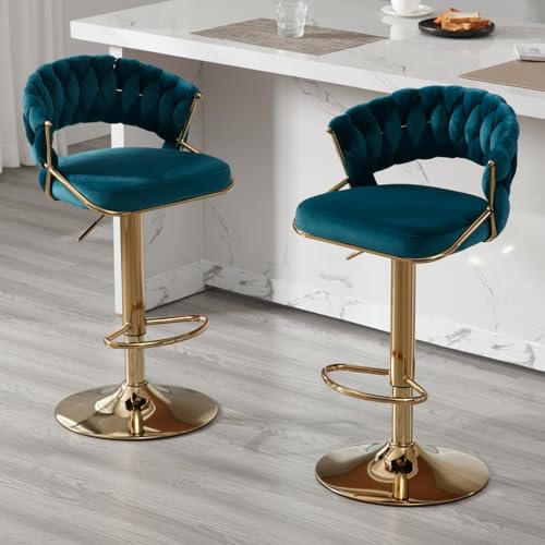 DUOMAY Woven Swivel Bar Stools Set of 2 - Modern Height Adjustable Bar Stools with Woven Backrest and Chrome Base - Velvet Kitchen Island Stoos Barstools for Kitchen, Bar, and Counter, Teal Green