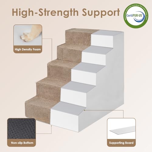 Image of EHEYCIGA Dog Stairs for High Bed 25 inch H, 5-Step Extra Wide Dog Steps for Bed, Pet Steps for Small Dogs and Cats, Non-Slip Balanced Pet Ramp Indoor, Camel