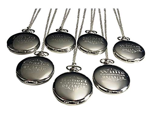 9 Custom Engraved Pocket Watches - 9 Gift Set for Weddings - Groomsmen and Best Man Personalized Watches with Chain, Box & Engraving Included (Rose Gold)