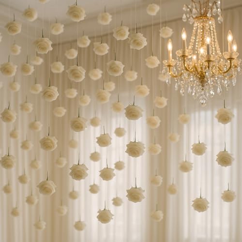 Glitinsel 50 Set Hanging Roses with Ribbons Wedding Flower Decor, White