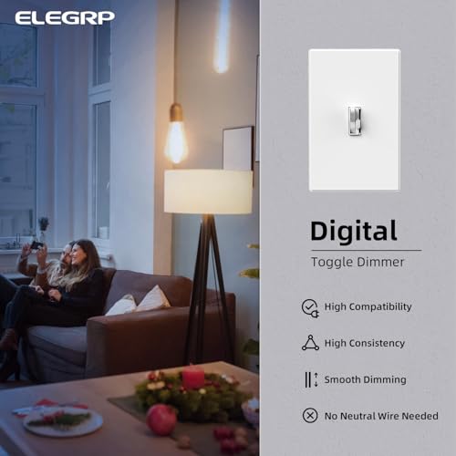Image of ELEGRP Digital Dimmer Switch for LED /CFL, Toggle Dimmer Switch with Decorative Frameless Design Wallplate, Single Pole /3-Way, UL Listed, 2 Pack, White