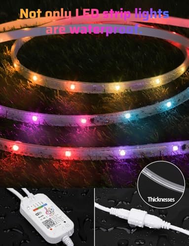 Image of 50FT RGB+IC LED Strip Lights Outdoor Waterproof IP67, DIY Multiple Colors Smart LED Lights Bluetooth App Control RF Remote Color Changing Rope Light for Patio Balcony Garden Eaves Deck