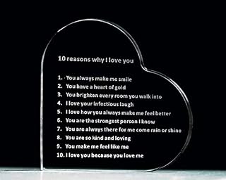 HomeZone Heart Shaped Paperweight Engraved Message Plaque '10 Reasons Why I Love You' for Her Him Birthday Gift Desk Shelf Ornamental Plaque Home Office Décor Acrylic Table Weight Mum Dad Girlfriend