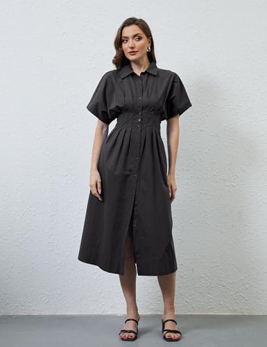 Image of MISSACTIVER Button Front Pleated Shirt Dress for Women Summer Striped Short Sleeve Lapel V Neck Corset Maxi Dress