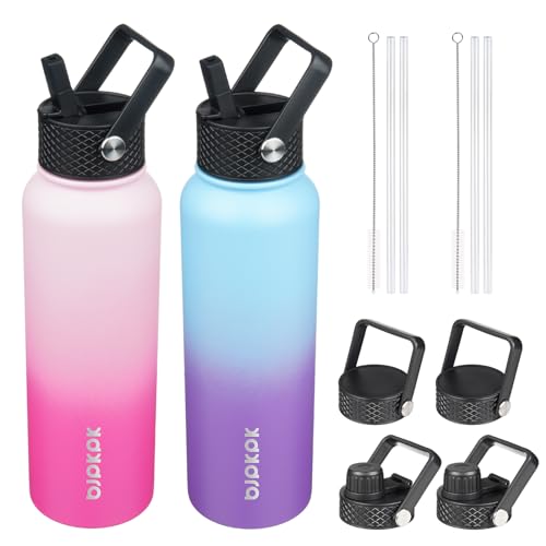 Image of BJPKPK 2 Pack 40oz Insulated Water Bottles with Straw Lids, Stainless Steel