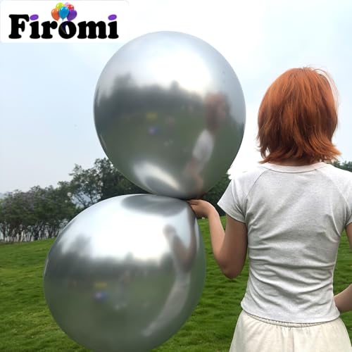 Image of Firomi Metallic Chrome Big Silver Balloons 18-inch 12 Pack (with 1 Ribbon) | Large Helium Shiny Round Silver Thicken Latex Balloon for Wedding Birthday Party Balloons