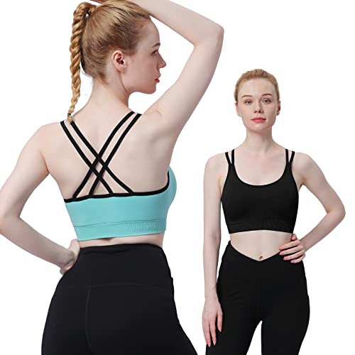 WOYYHO Cross Back Sports Bra for Women Padded Strappy Yoga Bra Medium Support Workout Bra for Athletic Gym Fitness 3 Pack2