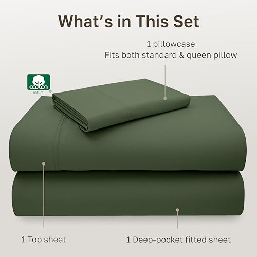 Image of California Design Den 100% Cotton Twin Sheets Set - Luxury 600 Thread Count, Sateen Weave, Deep Pocket Twin Bed Sheets Cotton Set, Hotel Quality Bedding - Dark Olive Green