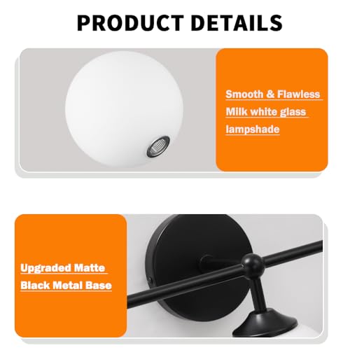 Image of Black Bathroom 3-Lights Vanity Light Fixtures, Minimalist Vanity Lights with Milky White Glass Shade, Modern Wall Sconces over Mirror, Wall Lamp for Bathroom Dressing Table Bedroom Living Room