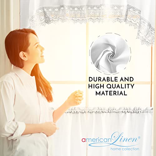 American Linen Café Curtains for Kitchen, Bathroom Curtains with Valance, Embroidered lace Border. (White) - Thumbnail 3