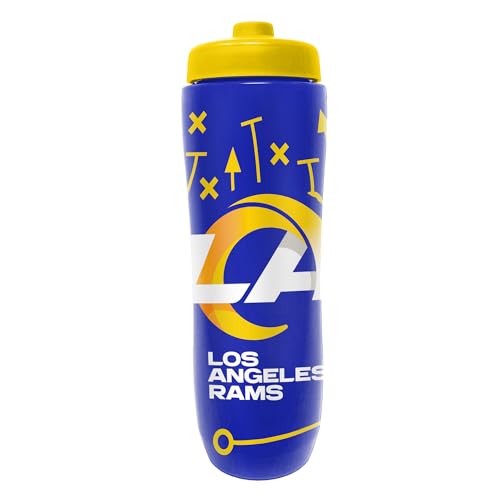 Image of Party Animal NFL Football Squeeze Bottle, 32 oz, LA Rams | Slim, lightweight BPA-free sports water bottle with quick-flow squeeze; fits backpacks & cup holders for kids or adults