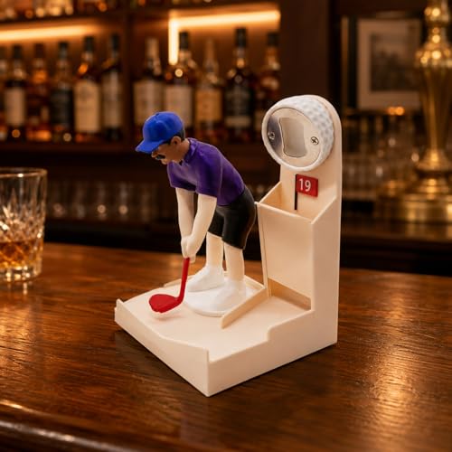 Golf Bottle Opener Game Golf Ball Themed Bottle Opener with Mini Golfer Fun Beer Bottle Cap Launcher & Collector for Home Bar BBQ Man Cave Fathers Day (Red Club Golfer)