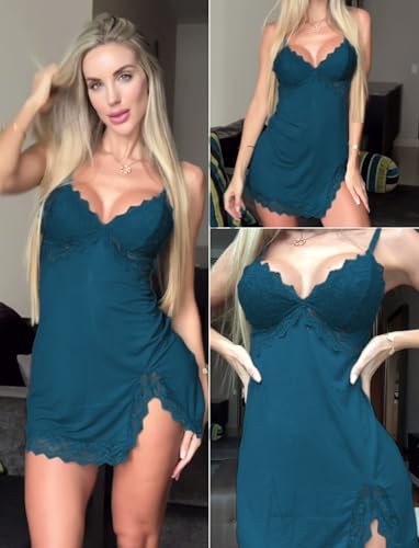 Image of Avidlove Women's Lingerie Lace Nightgown Babydoll Modal Chemise Spaghetti Strap Sleepwear Sexy Slip Side Nightwear