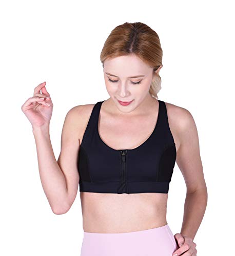 Private Island Women UPF 50+ Swim Front Zip Crop Tank Bra Short Top Sports Bras Swimsuit Rash Guard (XXXL, Black)