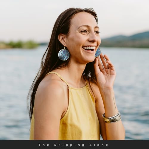 Handcrafted Brass Earrings - Lightweight & Durable Boho Dangle Earrings - Blue & Gold Floral Statement Jewelry - Disc Brass Jewelry Gift for Wife, Daughter, Sister, or Friend2