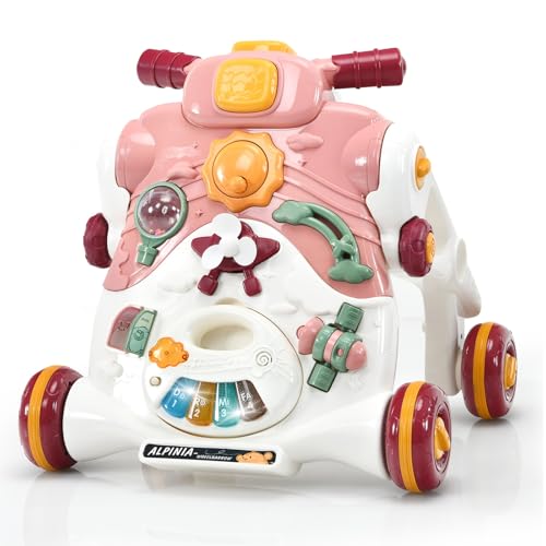 GYMAX 3-in-1 Carrello per l'Apprendimento a Camminare, Centro di Gioco, Aiuto per Camminare, Auto a Spinta, Tavolo da Gioco Rimovibile, con Luce e Musica, Regalo per 12-36 Mesi (Rosa)