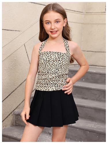Image of SOLY HUX Girl's 2 Piece Halter Tank Top Leopard Print Ruched Tie Backless Sleeveless Y2k Tops