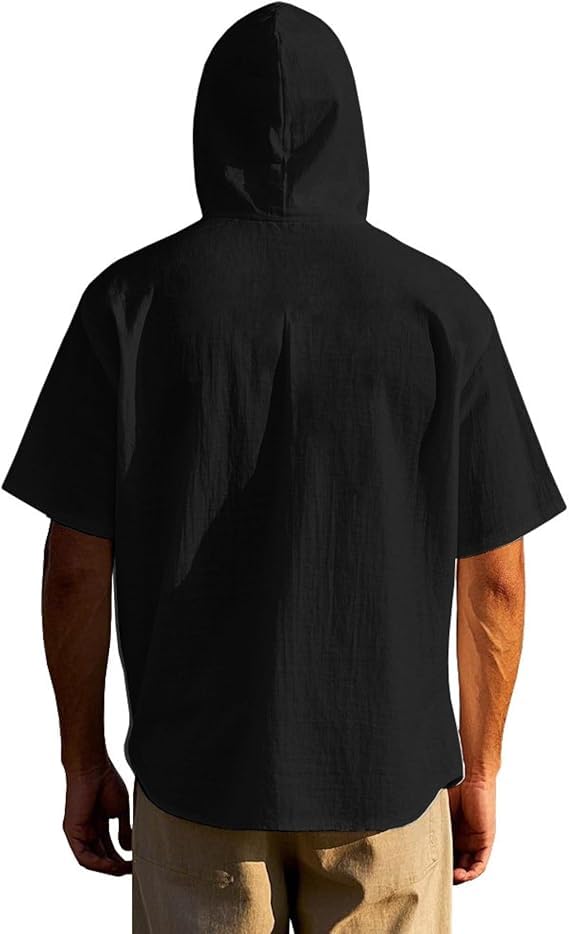 Womens Linen Hooded Button Down Shirt Casual Short Sleeve Drawstring Hoodie Blouses Summer Lightweight Beach Tops3