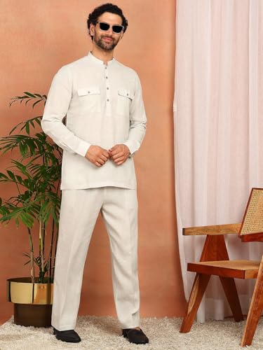 Image of See Designs Men's Full Sleeve Mandarin Collar Linen Solid Pathani Set