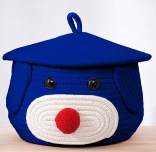 Image of BROOM Home Cute Baby Bear Handmade Jute Cotton Woven Storage Basket With Cap, Nursery Organizers And Storage,Kids Basket, Toy Bin, Baby Gift (Blue)