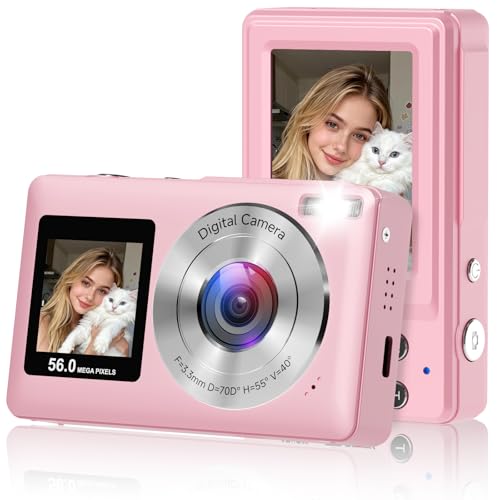 Digital Camera 2026 Upgraded 56MP Pink Digital Camera Dual Screens Cameras for Selfies with 16X Zoom Compact Cameras with Smile Capture Anti Shake with 32GB SD Card for Kids Teens Adults
