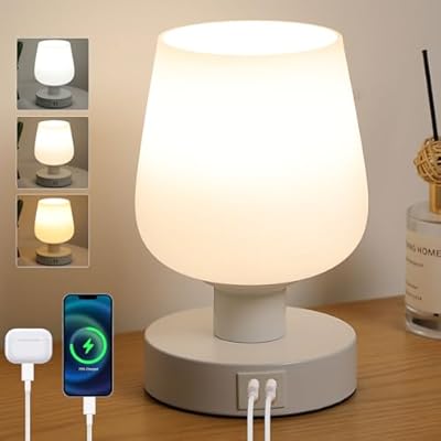 Oyxon Touch Bedside Table Lamp with 2 USB Ports, Dimmable Small Table Lamp for Bedroom & Living Room with White Opal Glass Lamp Shade & LED Bulb, Modern Nightstand & Desk Lamp