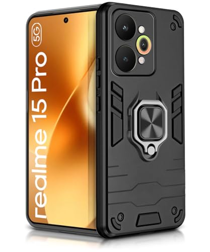 Image of WOW IMAGINE Shock Proof Back Case Mobile Cover for Realme 15 Pro 5G | Back Cover Case (Tough Armor | Hybrid PC + TPU | Ring Holder & in-Built Kickstand | Black)