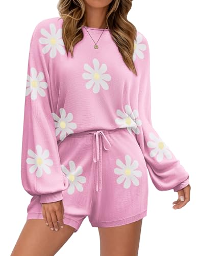 Ekouaer Knit Pajamas Set for Women Lounge Sets Long Sleeve Sweatsuit Matching 2 Piece Outfits Cute Sweater Sets Floral Pink M