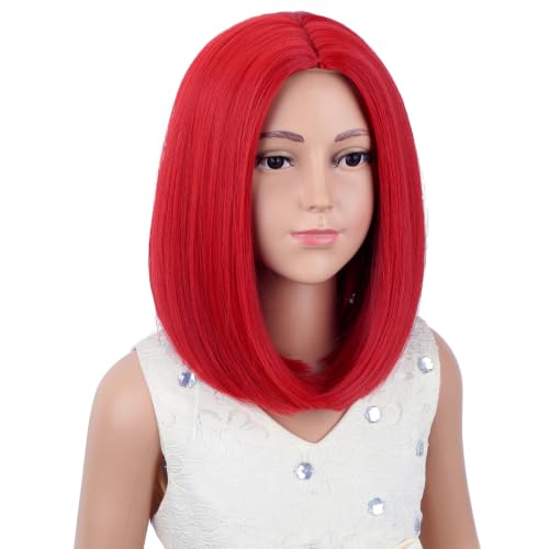 Image of Kid Red Wig Girls Red Bob Short Straight Wig Middle Part for Kids Children Synthetic Halloween Cosplay Costume Party Wigs with Wig Cap