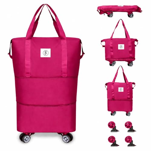 Image of Btag Travel Duffle Bag with Wheels | Convertible Handbag, Trolley & Shoulder Luggage for Clothes | Space-Saving Foldable Travel Companion | Expandable & Waterproof Traveling Bag for Unisex (Magenta)
