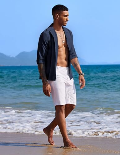 Image of DEELMO Mens Casual Button Down Shirt Summer Beach Shirts Long Sleeve Cuban Collared Tropical Textured Shirts
