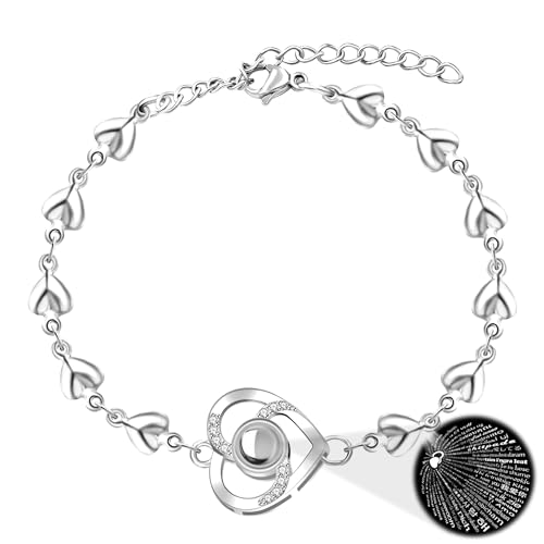 Image of Uloveido Cute Stainless Steel Heart Link Chain Bracelet | 100 Different Languages I Love You Projection Bracelets for Women Girls