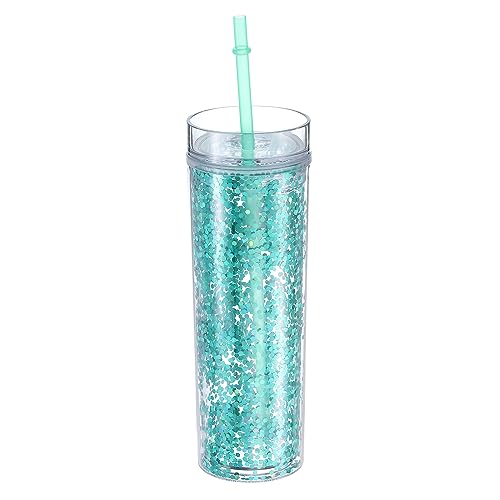 uxcell Skinny Acrylic Tumbler with Lid and Straw, 16 Oz Double Wall Cups for Ice Coffee, Shiny Travel Tumblers for Birthdays Gifts, Customization (Sky Blue)