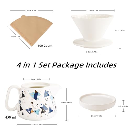 Image of Pour Over Coffee Maker, Ceramic Coffee dripper with 100 pcs Paper Filter, Ceramic coffee Server with Lid, 15.5oz /450 ml, Suitable for 1-2 people (White A)
