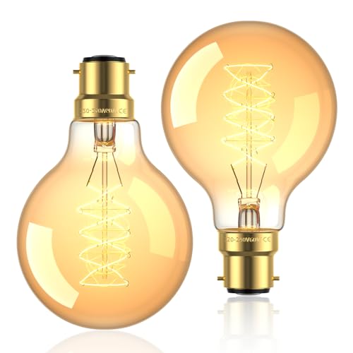 BrightArk B22 Vintage Decorative G80 Dimmable Filament Light Bulbs, Globe Edison Bayonet Lights, Amber Glass, Warm White 2700K, 540LM, 220-240V, 2 Pack